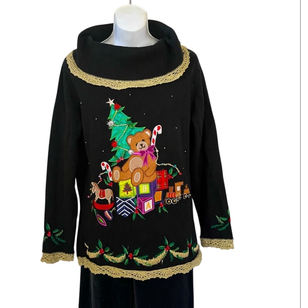 K•I•K•I•T Vintage Christmas Tree Embellished Holiday Lace Long-sleeve Sweater